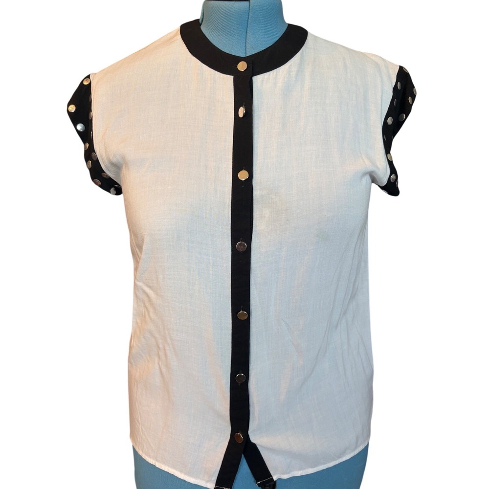 Kingdom B Studded Cap Sleeve Button Front Blouse White Black LTS30008 Vintage